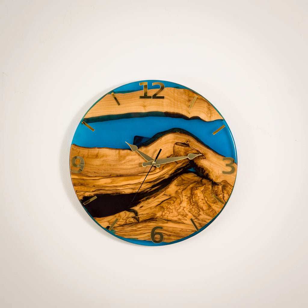 Handcrafted Olive Wood Wall Clock with Premium Epoxy Resin - Unique 13.4" Silent Artisan Wood Wall Decor – detail view 10