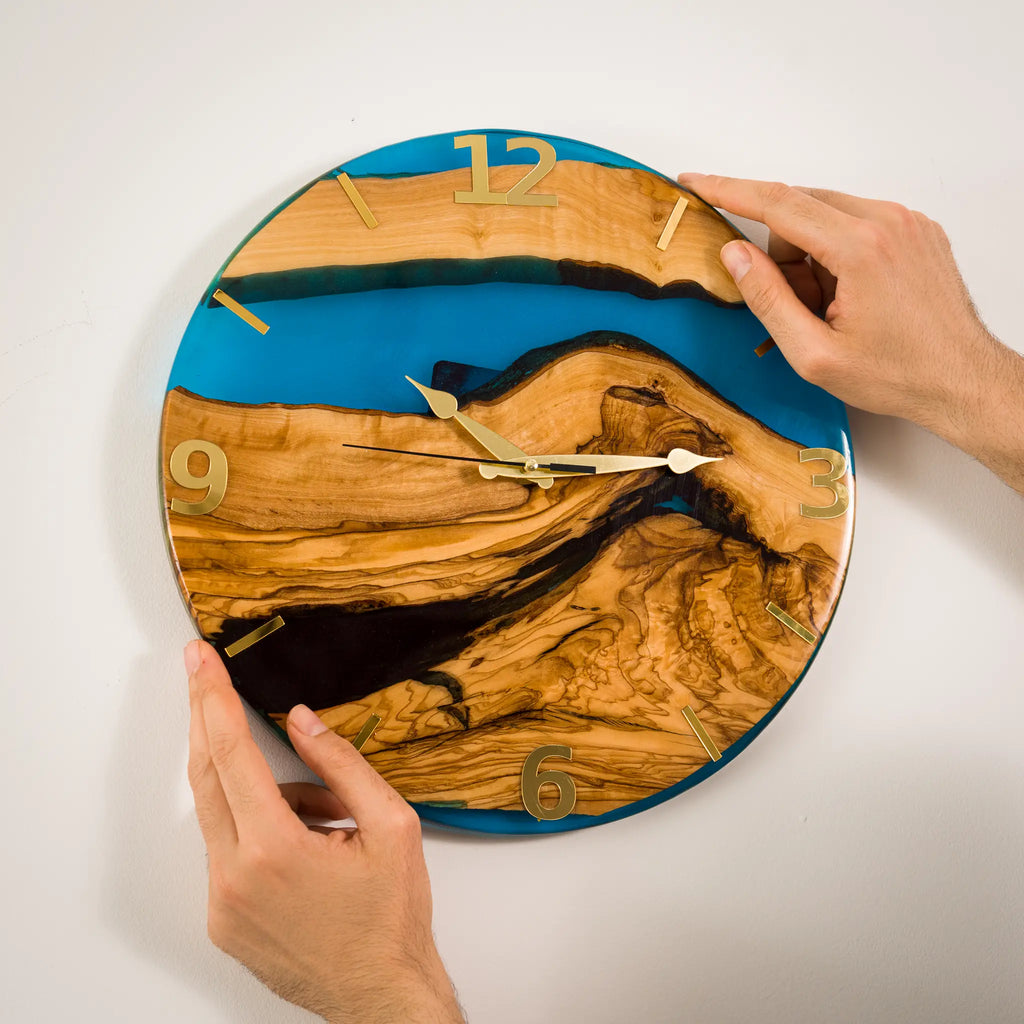 Handcrafted Olive Wood Wall Clock with Premium Epoxy Resin - Unique 13.4" Silent Artisan Wood Wall Decor – detail view 11