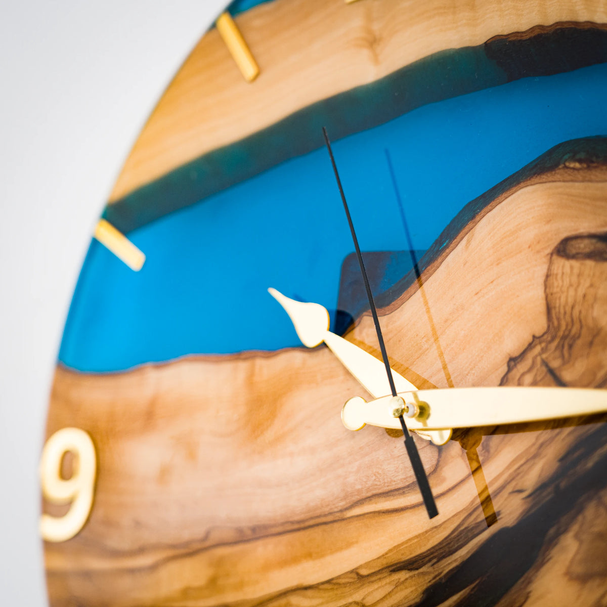 Handcrafted Olive Wood Wall Clock with Premium Epoxy Resin - Unique 13.4" Silent Artisan Wood Wall Decor – detail view 2