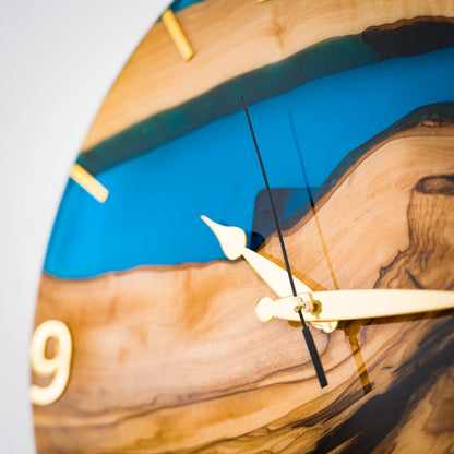 Handcrafted Olive Wood Wall Clock with Premium Epoxy Resin - Unique 13.4" Silent Artisan Wood Wall Decor for Modern & Rustic Homes