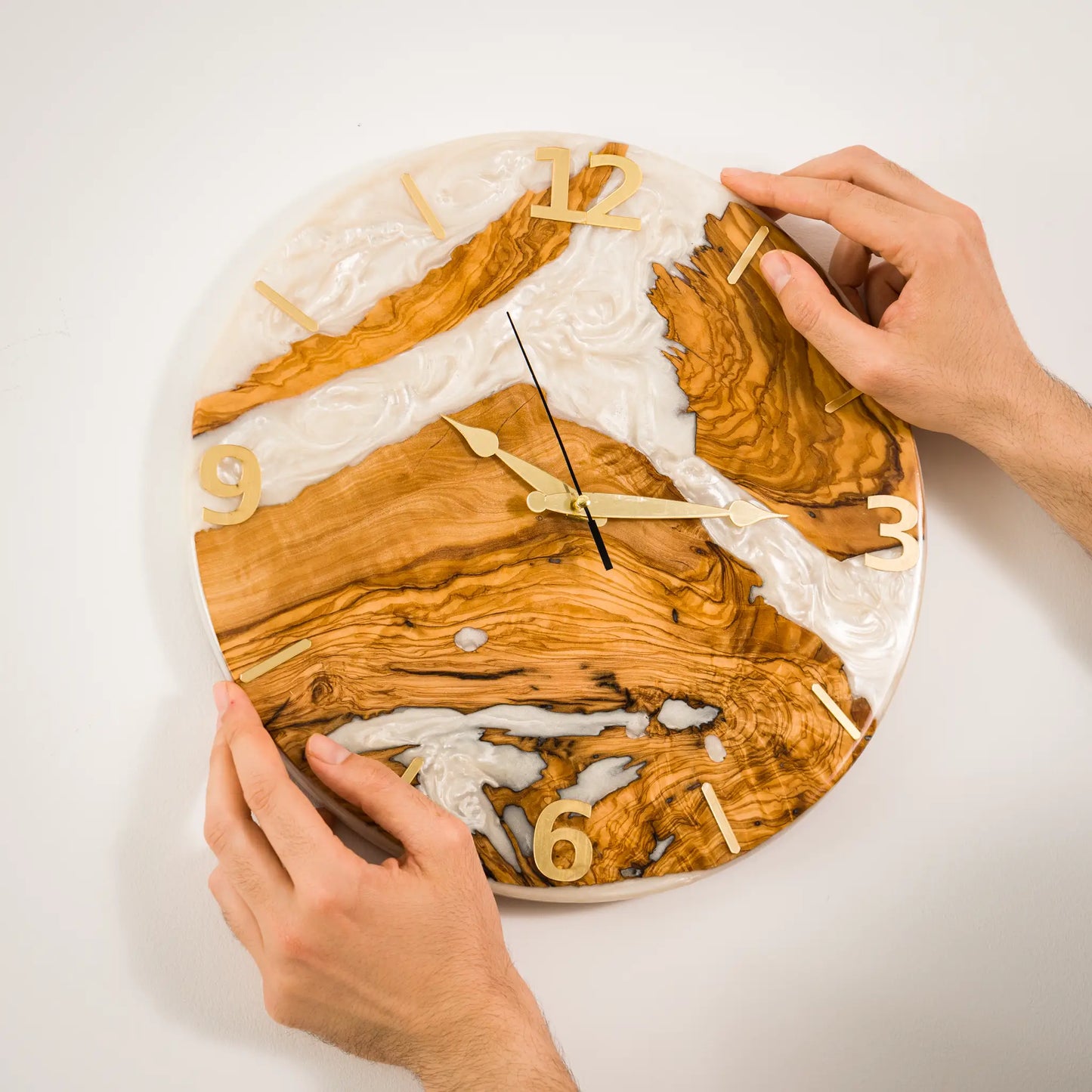 Handcrafted Olive Wood Wall Clock with Premium Epoxy Resin - Unique 13.4" Silent Artisan Wood Wall Decor for Modern & Rustic Homes