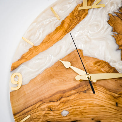 Handcrafted Olive Wood Wall Clock with Premium Epoxy Resin - Unique 13.4" Silent Artisan Wood Wall Decor for Modern & Rustic Homes