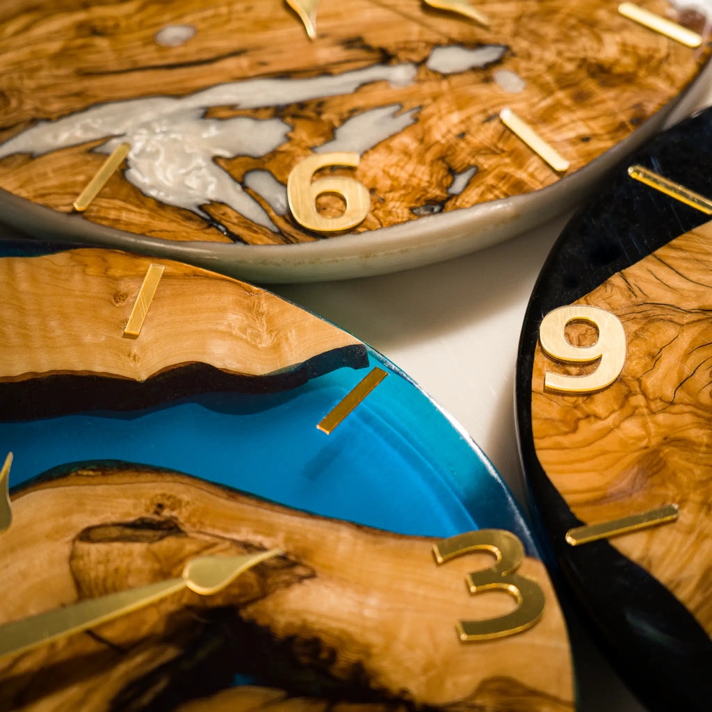 Handcrafted Olive Wood Wall Clock with Premium Epoxy Resin - Unique 13.4" Silent Artisan Wood Wall Decor – detail view 9