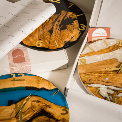 Handcrafted Olive Wood Wall Clock with Premium Epoxy Resin - Unique 13.4" Silent Artisan Wood Wall Decor for Modern & Rustic Homes