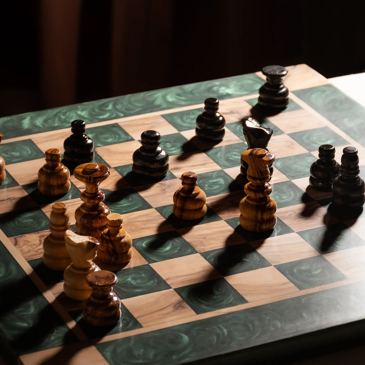 Green Olive Wood Chess Set – Handcrafted Chess Board