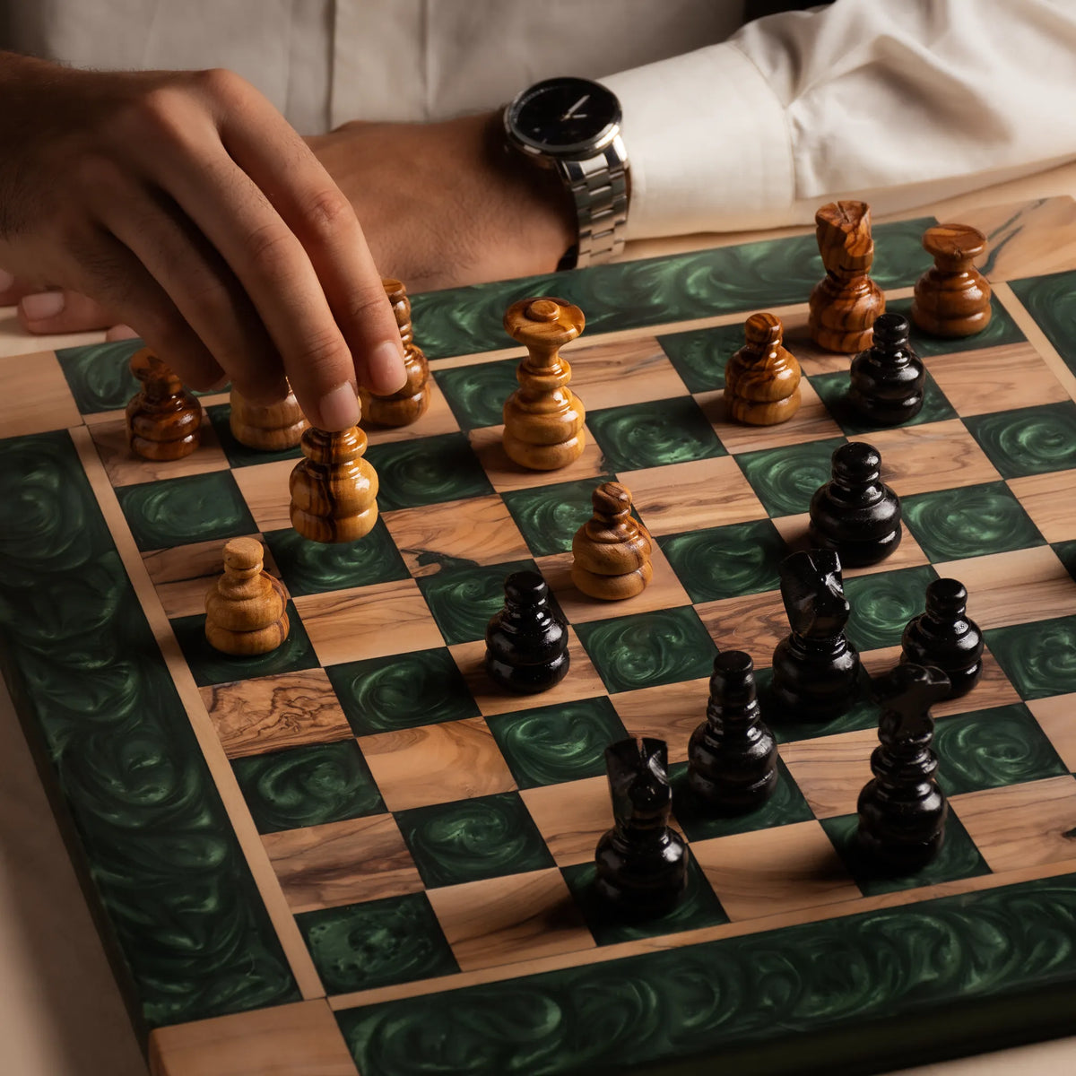 Green Olive Wood Chess Set – Handcrafted Chess Board