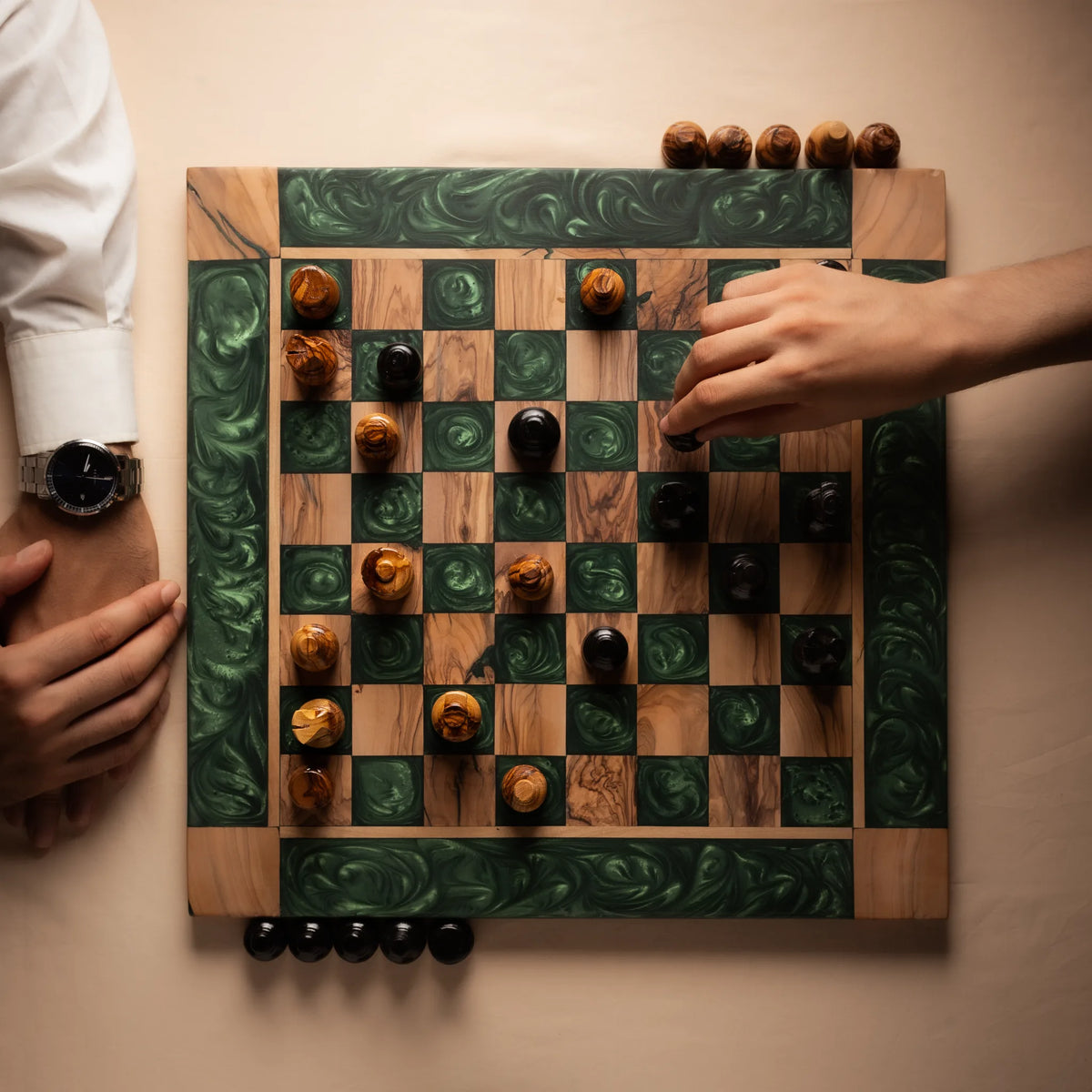 Green Olive Wood Chess Set – Handcrafted Chess Board