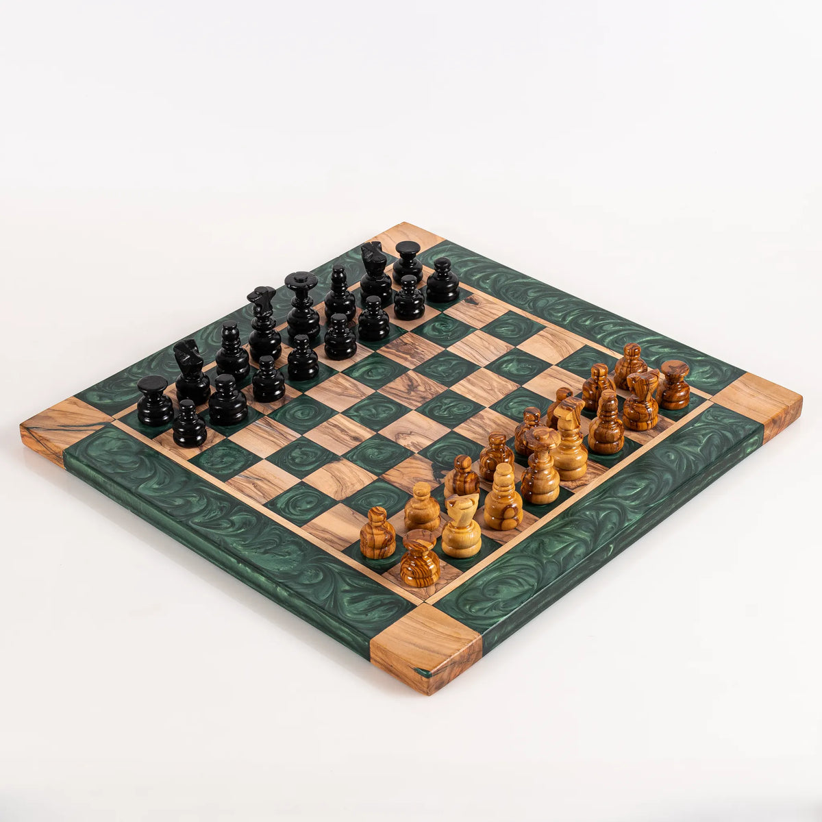 Green Olive Wood Chess Set – Handcrafted Chess Board