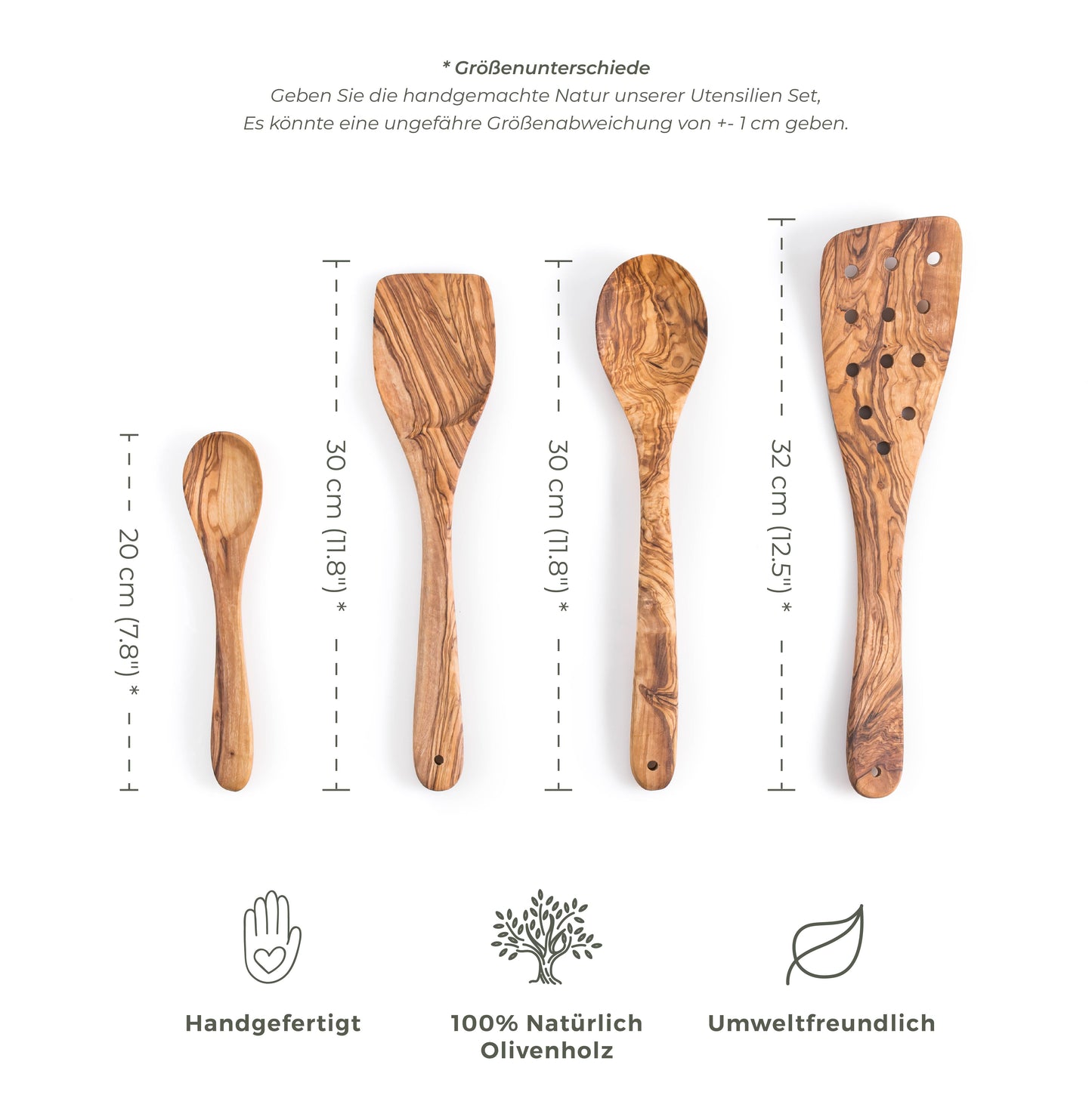 Set de 4 Ustensiles en Bois d'Olivier - Cuillère, Spatule, Spatule Fendue & Petite Cuillère