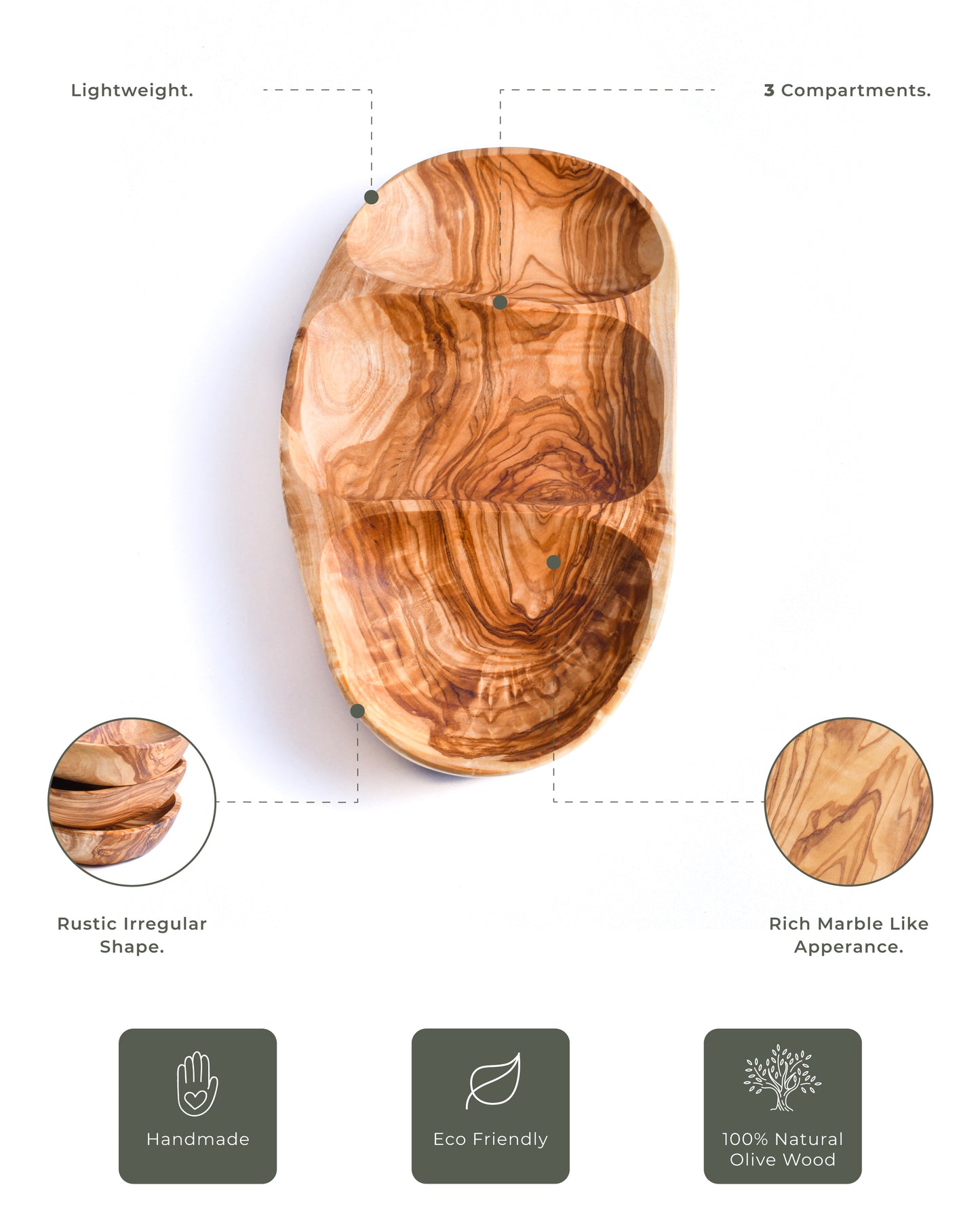 Olive Wood Serving Plate - 3 Compartments