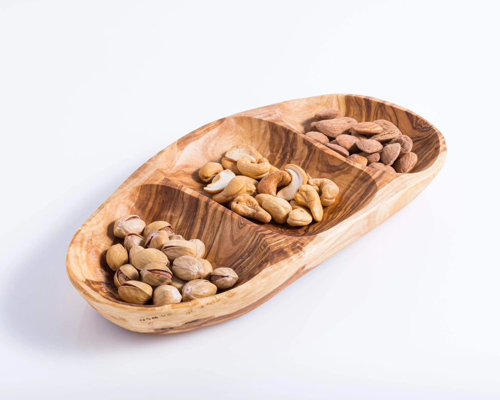 Handmade darido olive wood snack plate with three compartments holding nuts. - Handmade Olive Wood Snack Plate – 3 Compartments for Appetizers & Snacks