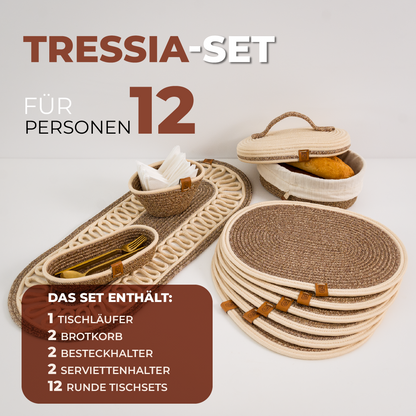 Tressia – Handcrafted Braided Cotton Dining Set – beige with beige trim 12-person set