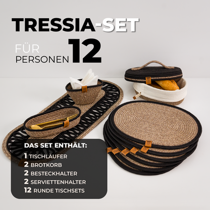 Tressia – Handcrafted Braided Cotton Dining Set – beige with black trim 12-person set