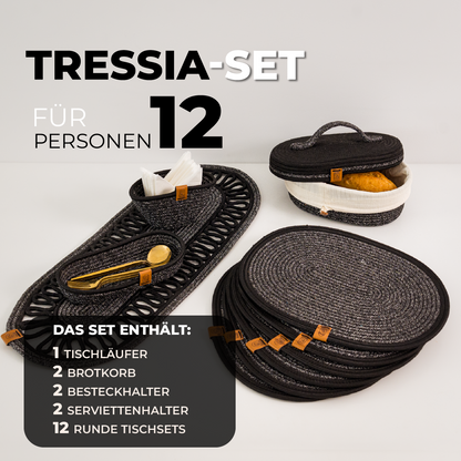Tressia – Handcrafted Braided Cotton Dining Set – speckled black 12-person set
