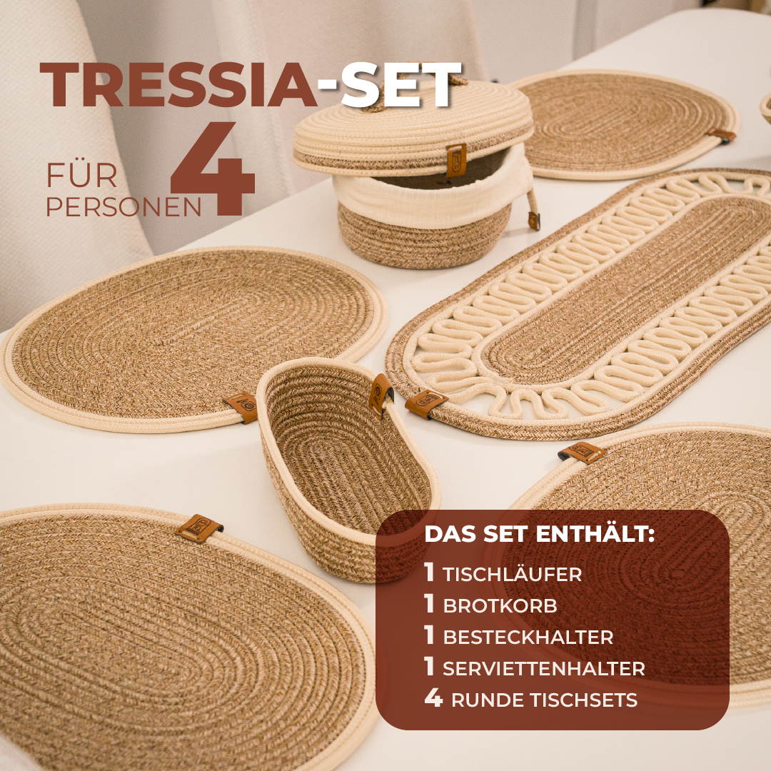 Tressia – Handcrafted Braided Cotton Dining Set – beige with beige trim 4-person set
