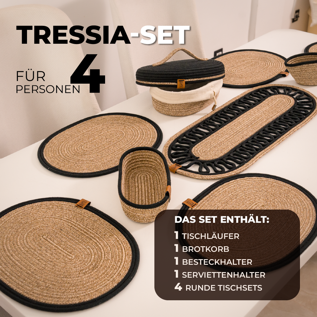 Tressia – Handcrafted Braided Cotton Dining Set – beige with black trim 4-person set