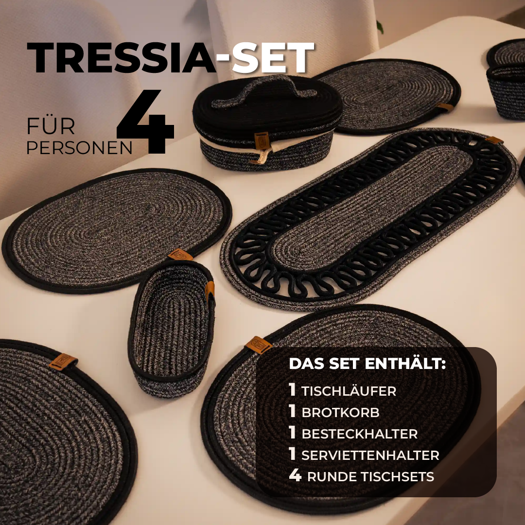 Tressia – Handcrafted Braided Cotton Dining Set – speckled black 4-person set