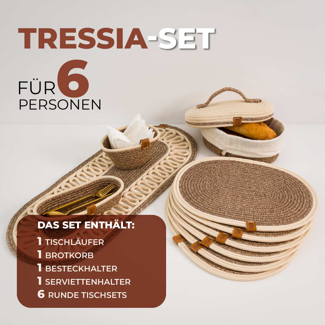 Tressia – Handcrafted Braided Cotton Dining Set – beige with beige trim 6-person set