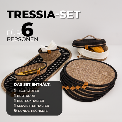 Tressia – Handcrafted Braided Cotton Dining Set – beige with black trim 6-person set