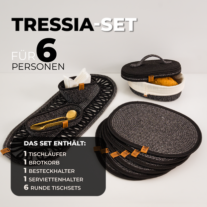 Tressia – Handcrafted Braided Cotton Dining Set – speckled black 6-person set