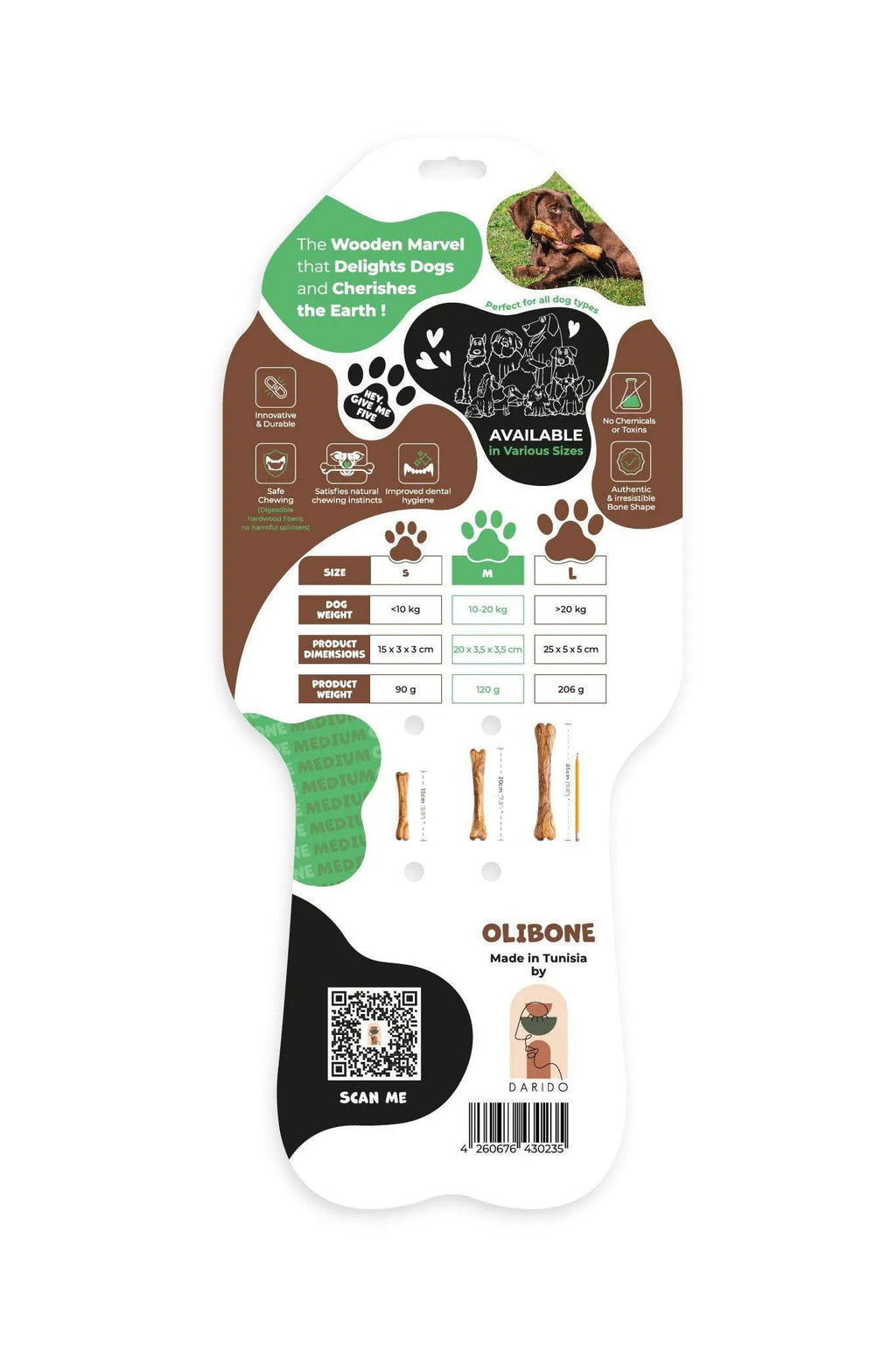 Olibone – Handmade Olive Wood Dog Chew Toy (Natural, Durable & Safe – 3 Sizes)