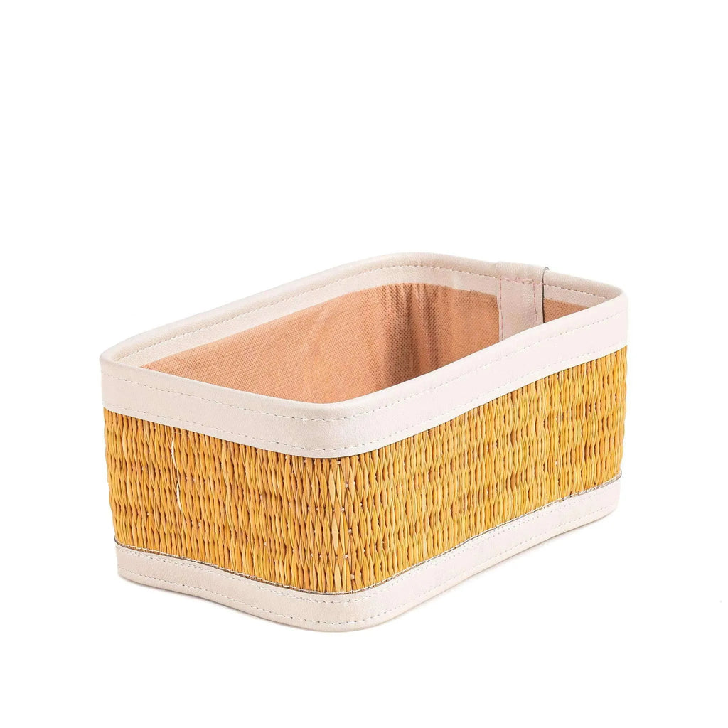 Rectangular darido large organizer box with tan woven sides and beige fabric trim, 30x22 cm. - Large Organizer Box | 30x22 cm