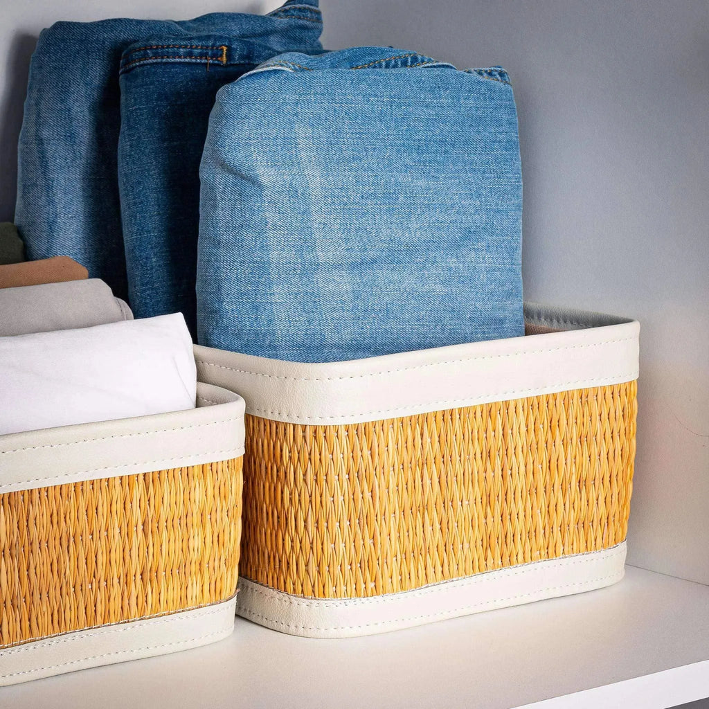 Darido large organizer box with woven basket texture and white trim holding folded denim clothing. - Large Organizer Box | 30x22 cm