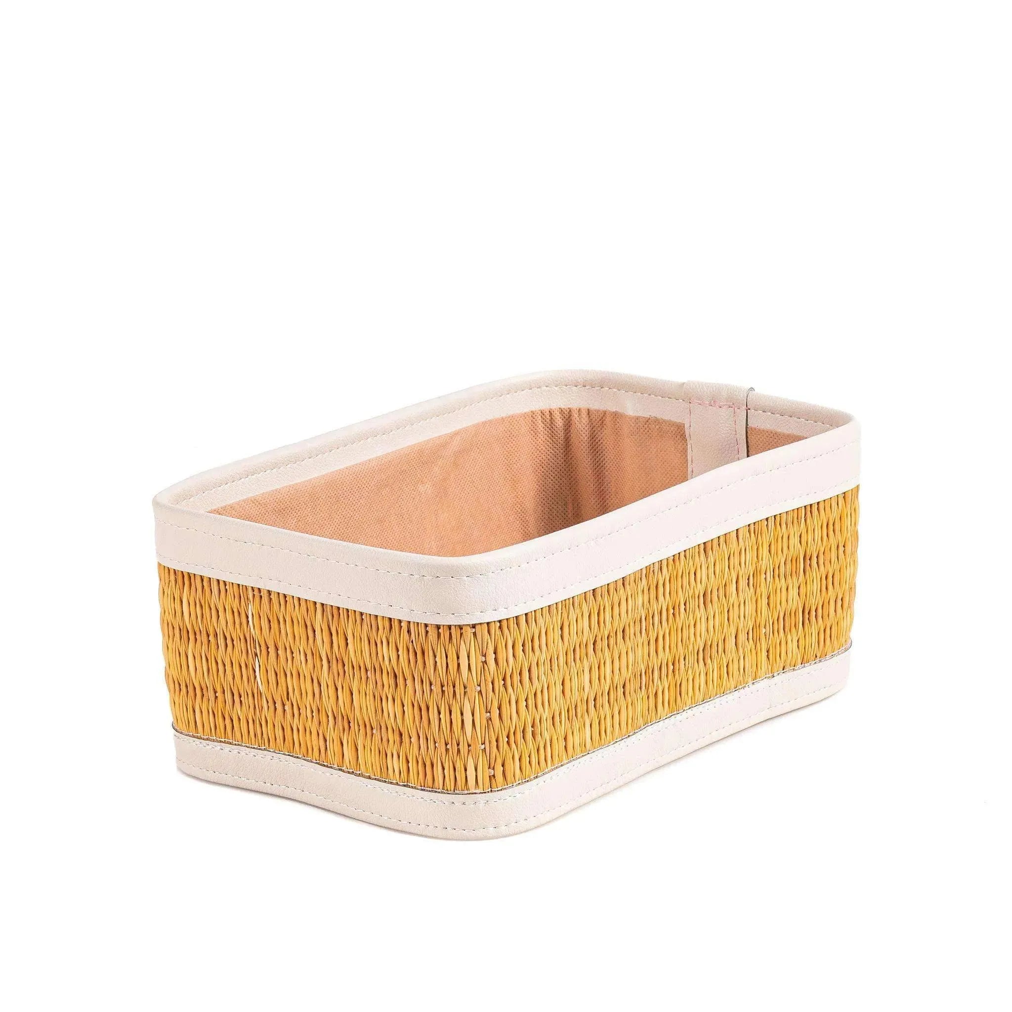 Medium-sized darido storage box with woven basket design and beige fabric trim, 27x17 cm. - Medium-Sized Storage Box | 27x17 cm