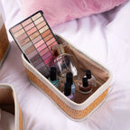Darido small rectangular woven storage box with beige fabric lining holding makeup and nail polish bottles. - Small Storage Box | 22x13cm
