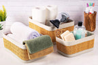 Darido small rectangular storage boxes with woven design and white plastic trim, holding toiletries and towels. - Small Storage Box | 22x13cm