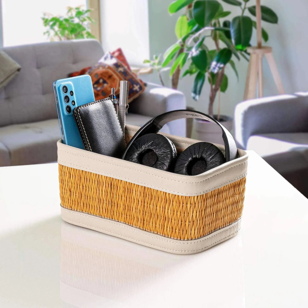Darido small storage box in beige fabric with woven basket sides holding headphones, wallet, and phone. - Small Storage Box | 22x13cm