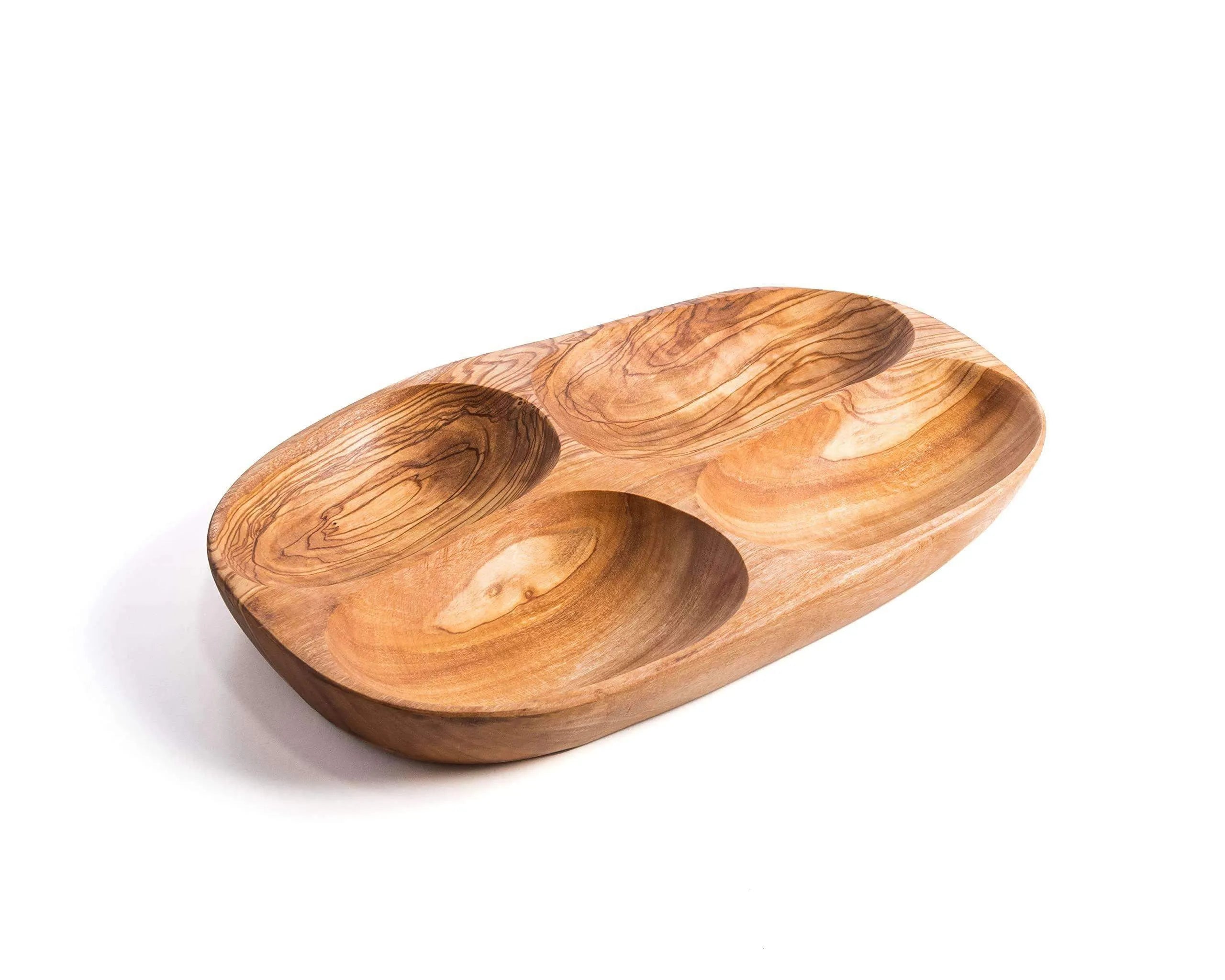 Darido handmade olive wood snack plate with four rounded compartments and natural wood grain. - Handmade Olive Wood Snack Plate – 4 Compartments | Elegant, Eco-Friendly & Unique