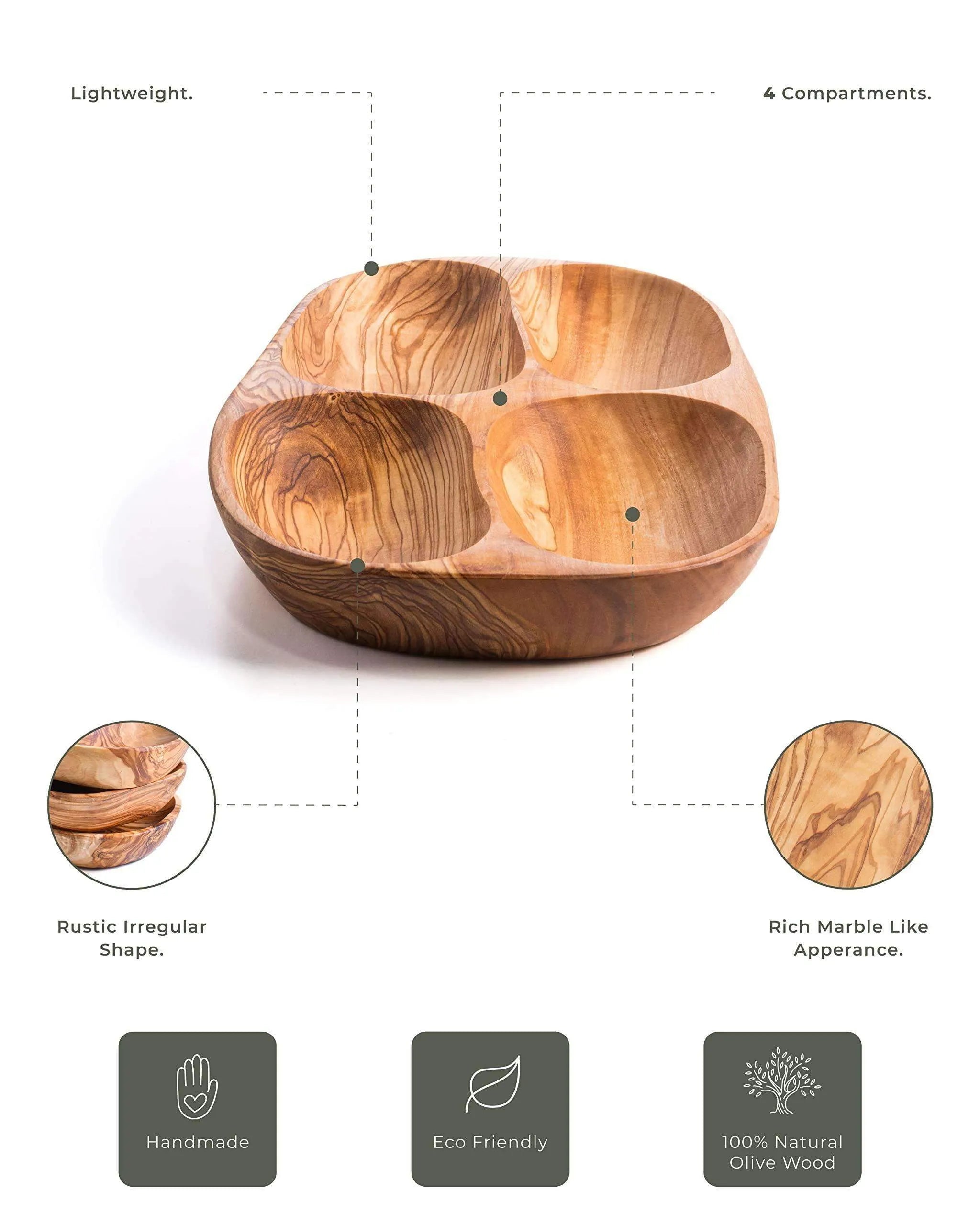 Handmade darido olive wood snack plate with four compartments and rustic natural finish. - Handmade Olive Wood Snack Plate – 4 Compartments | Elegant, Eco-Friendly & Unique