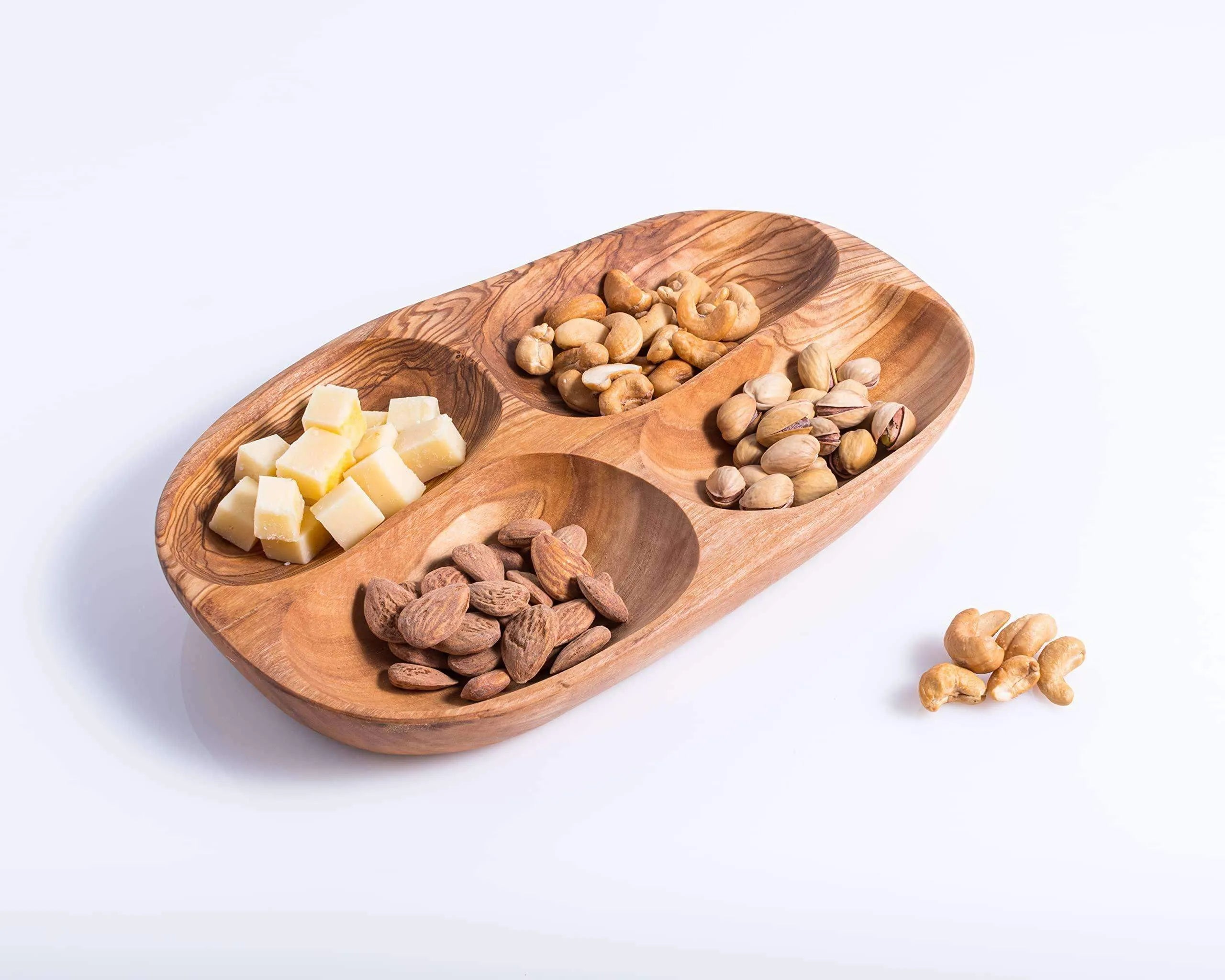 Darido handmade olive wood snack plate with four compartments holding nuts and cheese. - Handmade Olive Wood Snack Plate – 4 Compartments | Elegant, Eco-Friendly & Unique