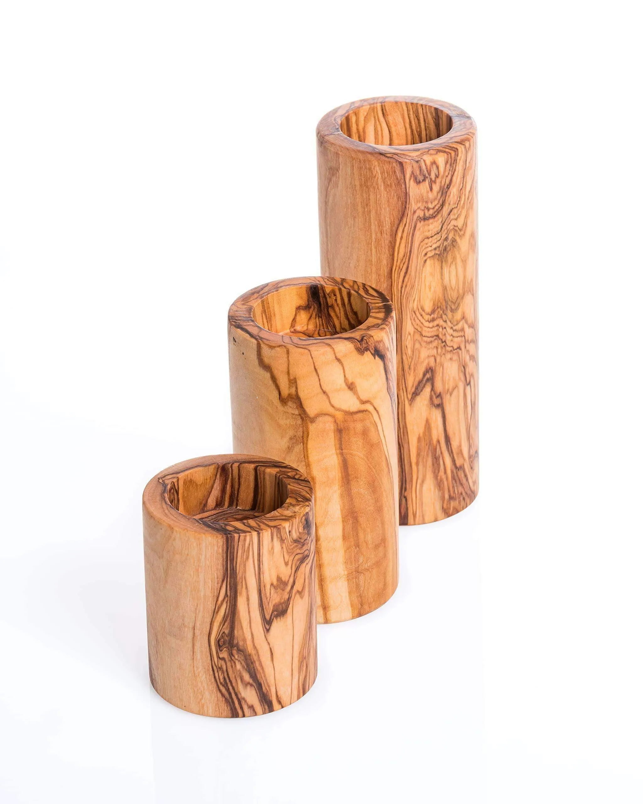Handmade Olive Wood Candle Holders – Set of 3 Cylindrical Rustic Tealight Holders