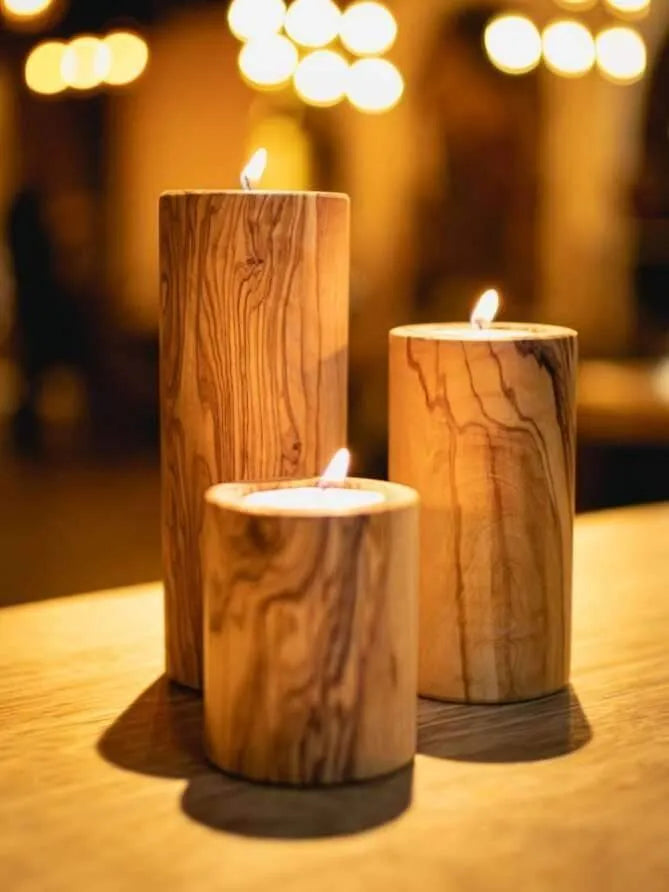 Handmade Olive Wood Candle Holders – Set of 3 Cylindrical Rustic Tealight Holders