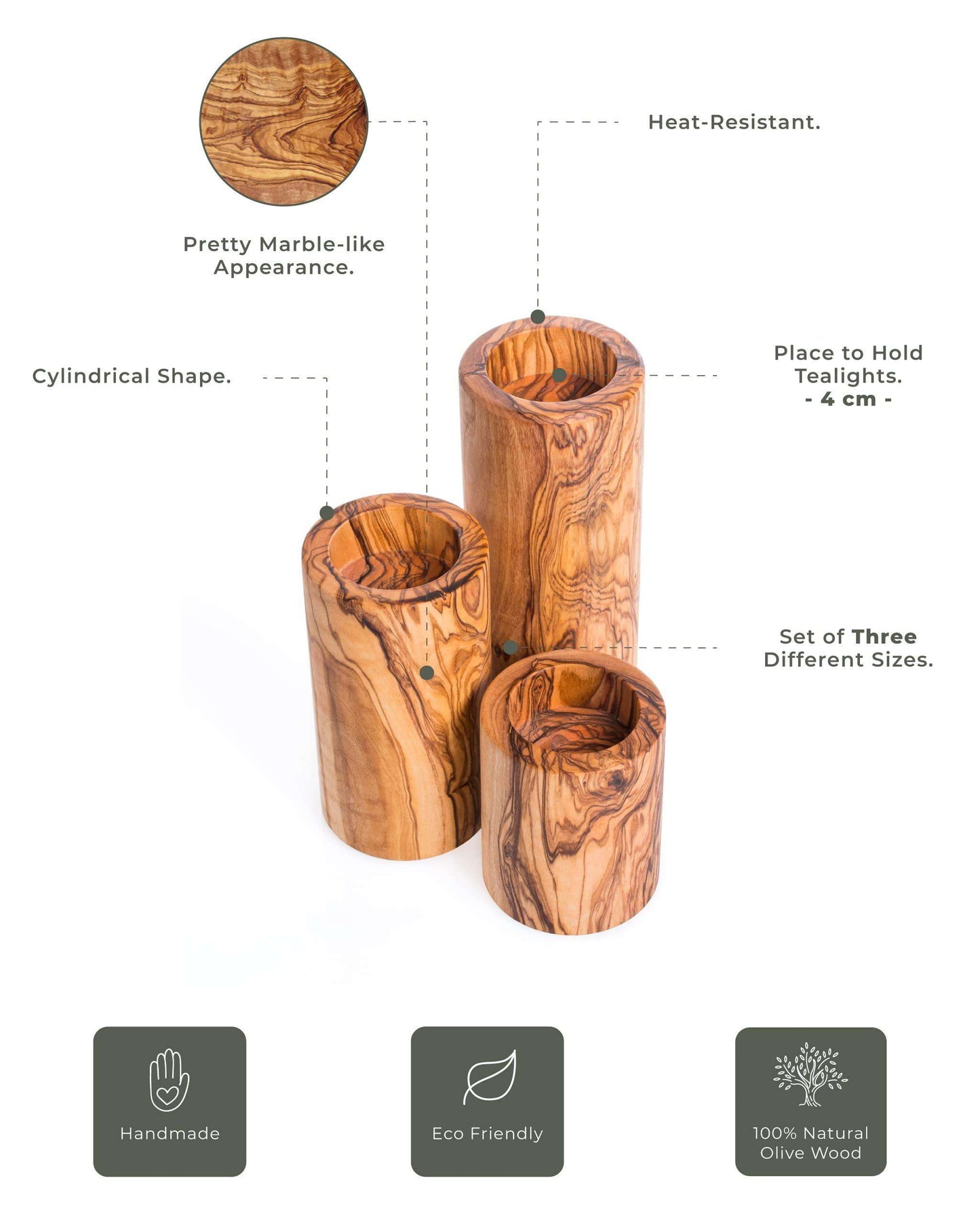 DARIDO Elegant Set of 3 Cylindrical Olive Wood Tealight / Candle Holders