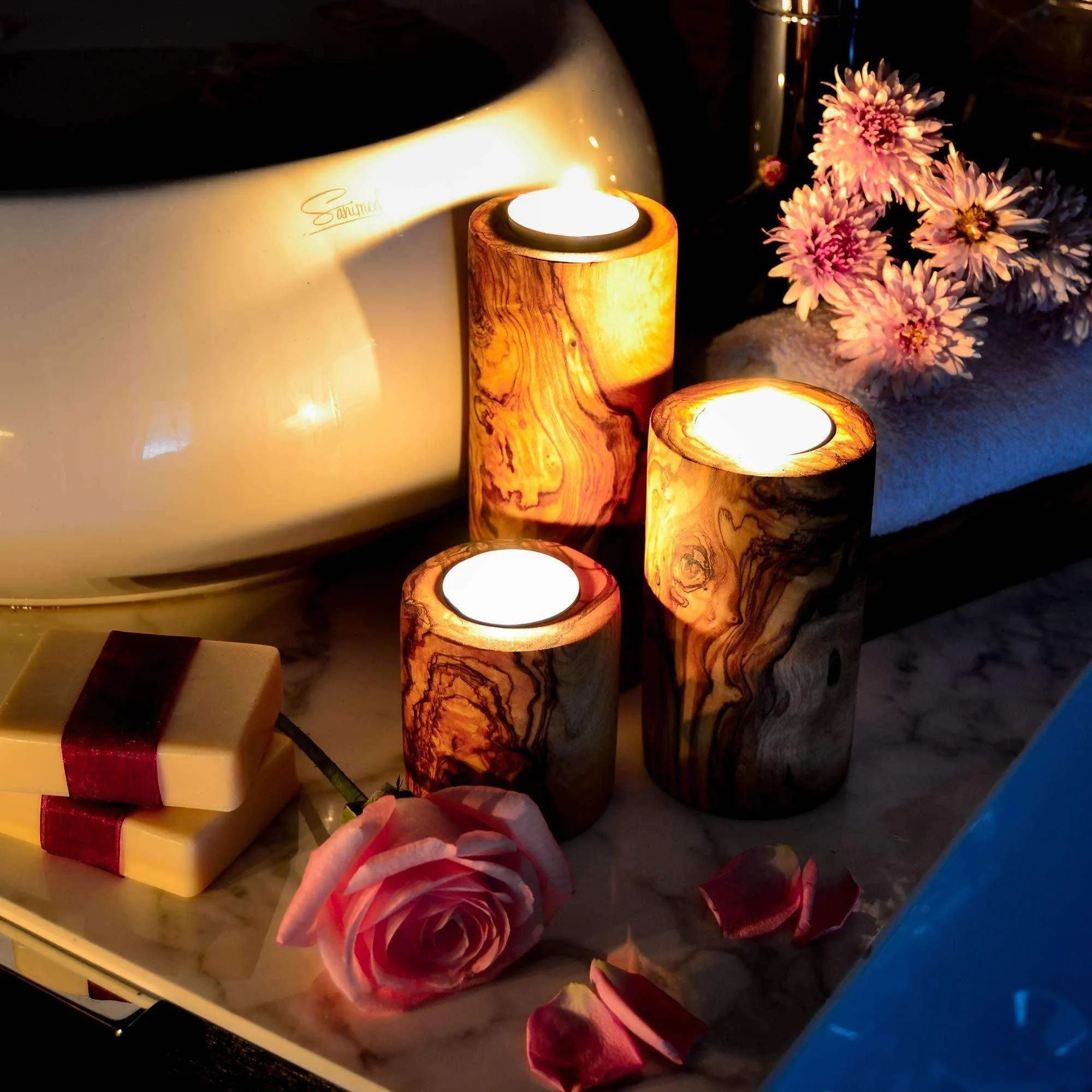 Handmade Olive Wood Candle Holders – Set of 3 Cylindrical Rustic Tealight Holders