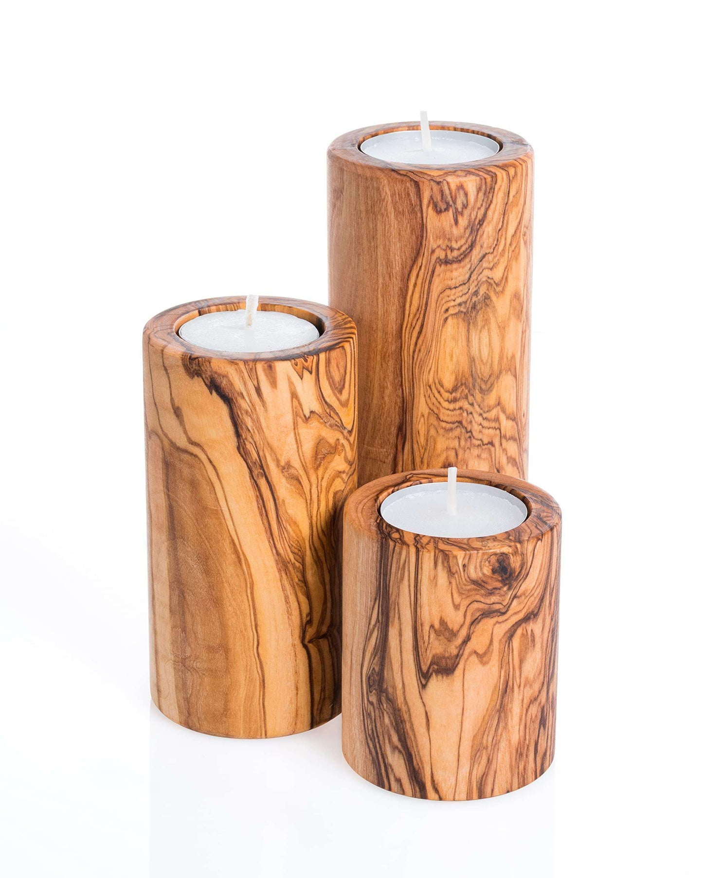 DARIDO Elegant Set of 3 Cylindrical Olive Wood Tealight / Candle Holders