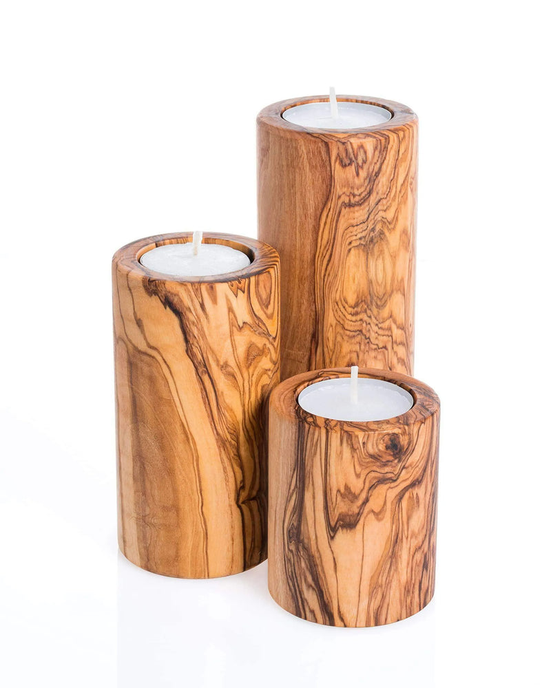 Handmade Olive Wood Candle Holders – Set of 3 Cylindrical Rustic Tealight Holders