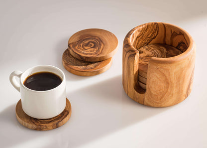 DARIDO Handmade Olive Wood Coasters Set with Holder | Durable & Elegant