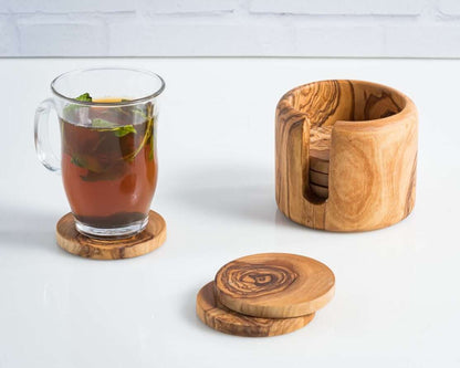 DARIDO Handmade Olive Wood Coasters Set with Holder | Durable & Elegant