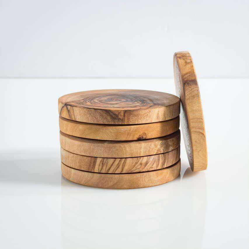 DARIDO Handmade Olive Wood Coasters Set with Holder | Durable & Elegant