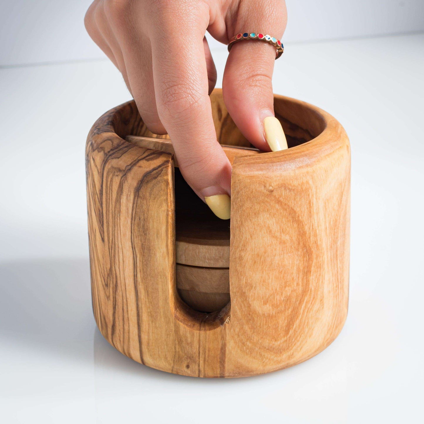 DARIDO Handmade Olive Wood Coasters Set with Holder | Durable & Elegant