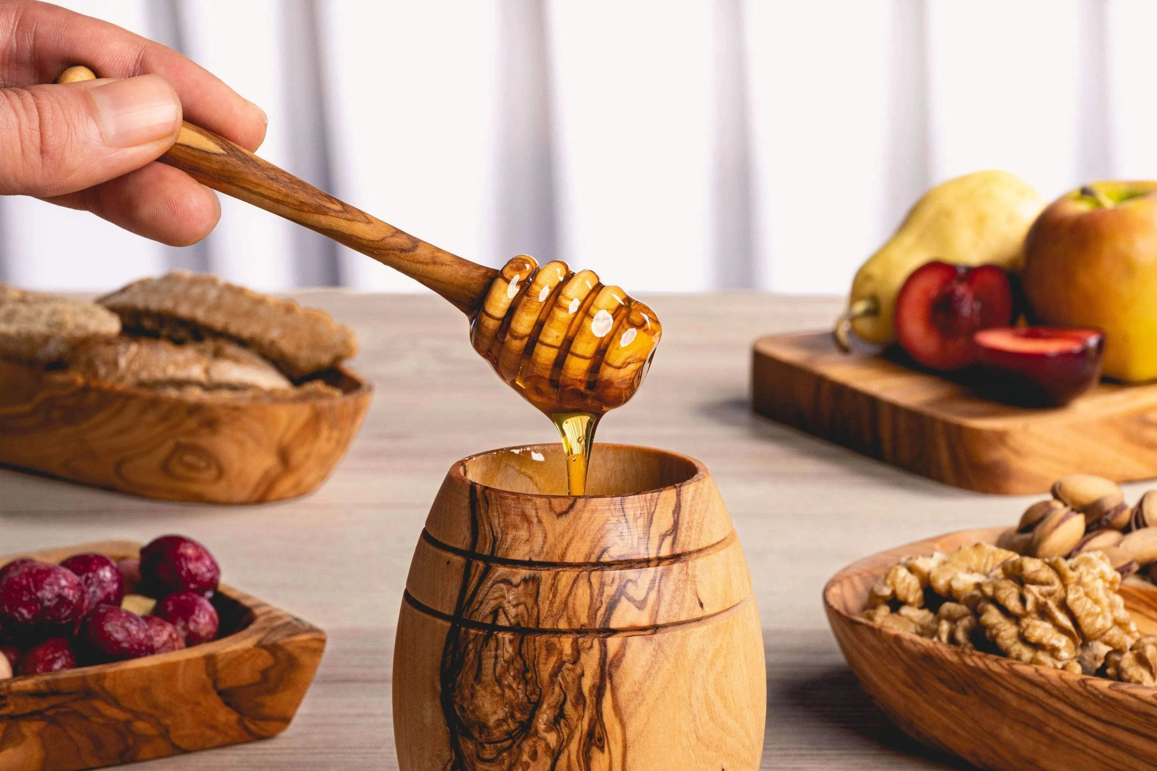 Handmade Olive Wood Honey Jar with Lid & Dipper – Rustic & Eco-Friendly
