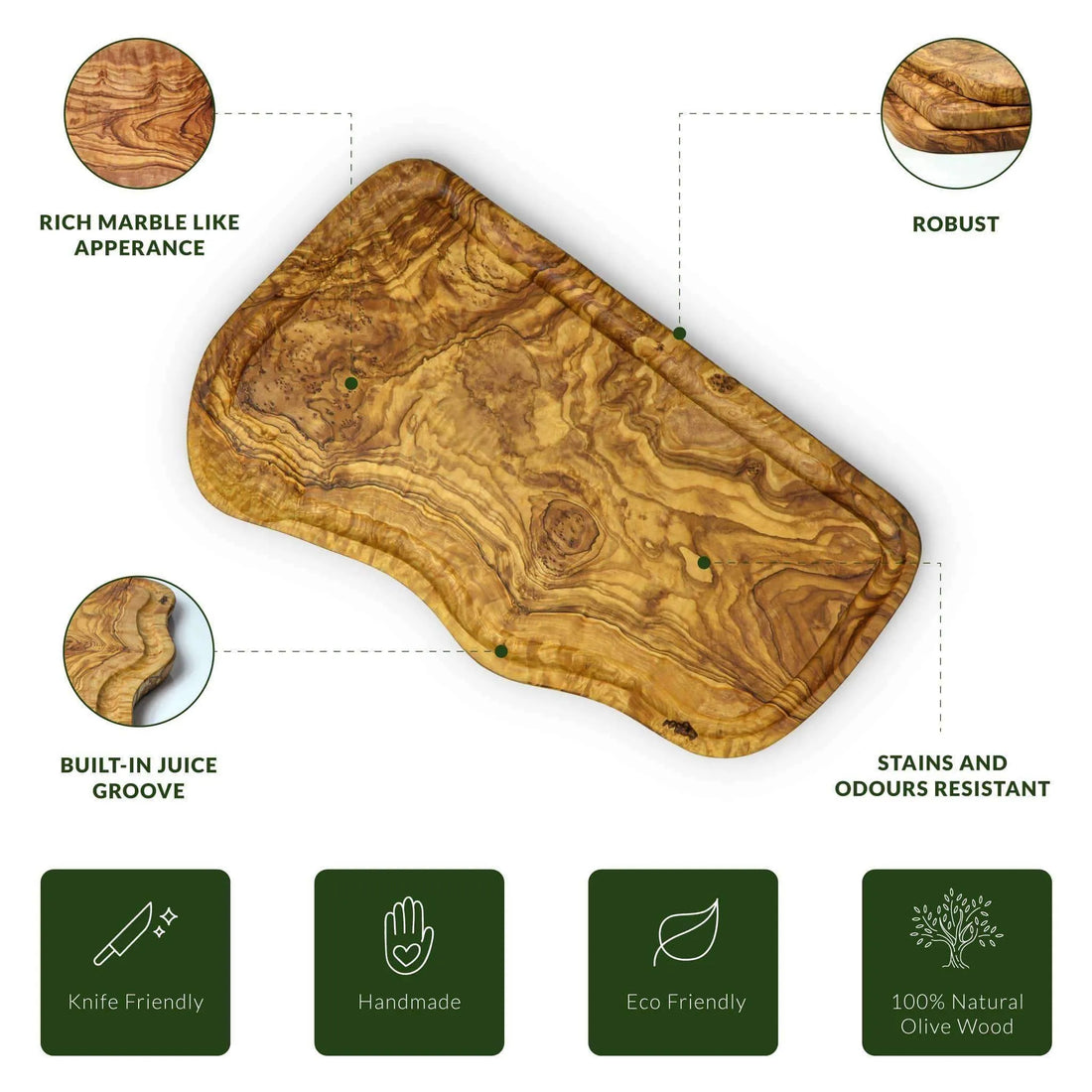 DARIDO Handmade Olive Wood Large Board with Juice Groove | 40x20 cm | Eco-Friendly, Durable and Multi-Functional Kitchenware 