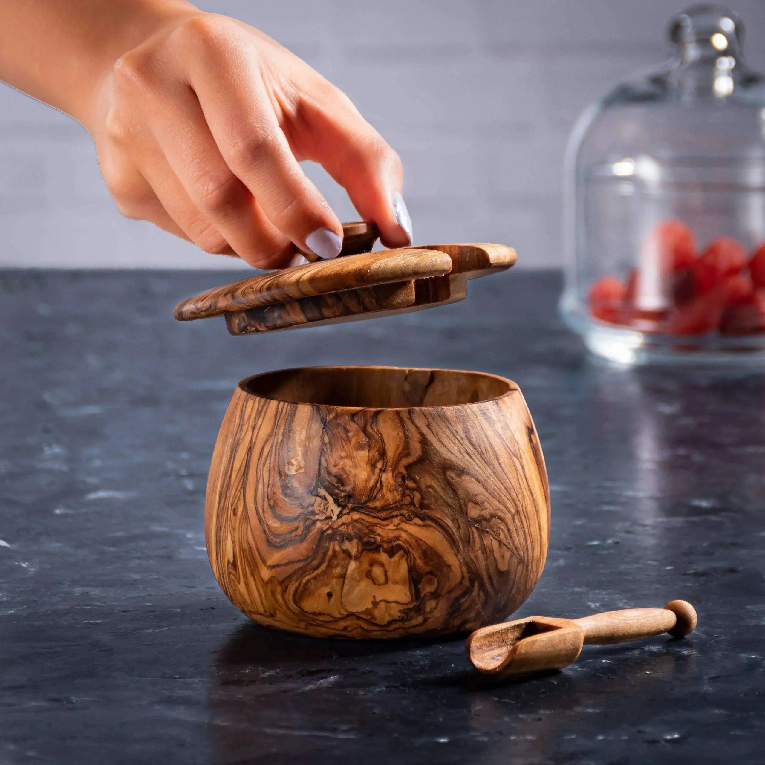 Handmade Olive Wood Jar with Lid & Scoop – Natural Spice Container