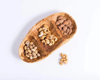 Handmade darido olive wood snack plate with three compartments holding mixed nuts. - Handmade Olive Wood Snack Plate – 3 Compartments for Appetizers & Snacks