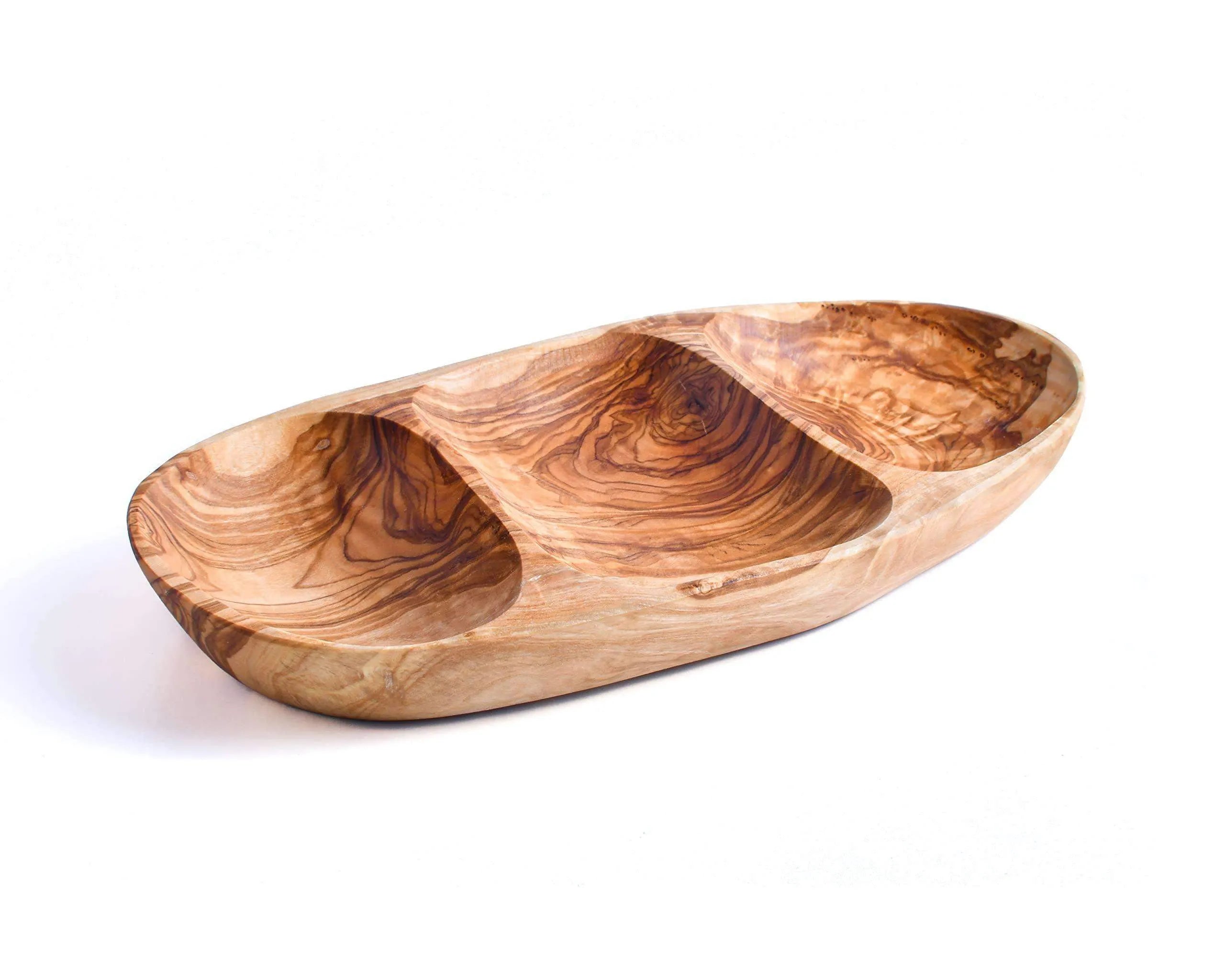 Handmade darido olive wood snack plate with three curved compartments and natural grain patterns. - Handmade Olive Wood Snack Plate – 3 Compartments for Appetizers & Snacks