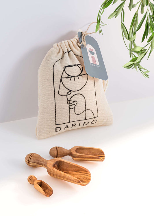 DARIDO Olive Wood Kitchen Scoop Set - Durable, Eco-Friendly, 3 Sizes (6cm,9cm, and 12cm)